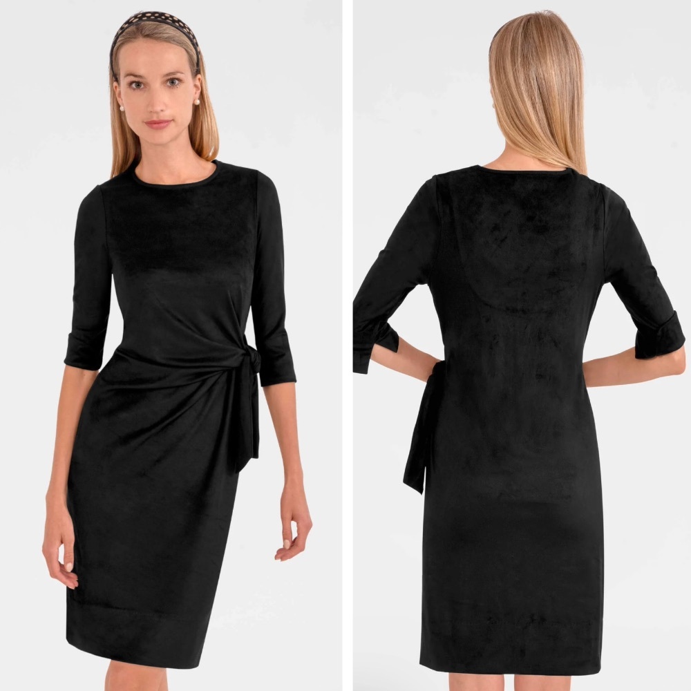 Gretchen Scott Designs Black Midi Sheath Dress with Side Tie